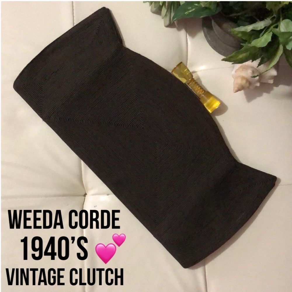 Vintage 1940’s Weeda Corde Winged Clutch-Brown Grosgrain Fabric-14x6.5-EUC